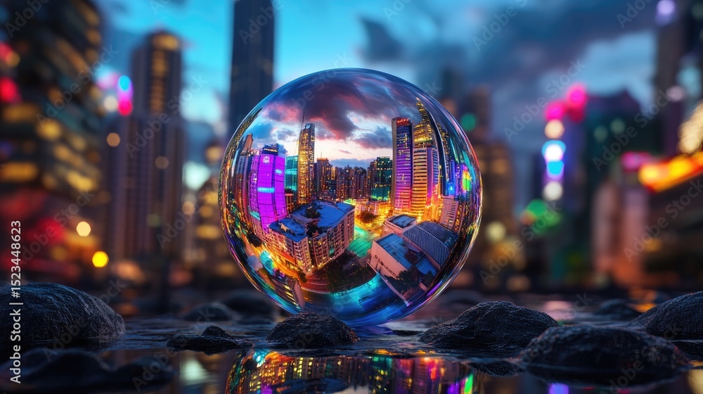 Poster A vibrant city skyline mirrored within a reflective sphere at night, glowing lights creating a mesmerizing fusion of architecture and abstraction