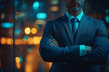 Executive Businessman with Confidence and Sophistication in Urban Night Cityscape - Professional Portrait with Affluent Corporate Attire