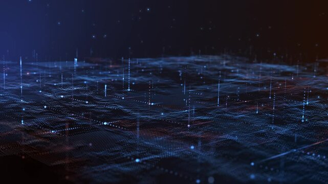 Futuristic Digital Grid Background with Glowing Blue and Red particle.