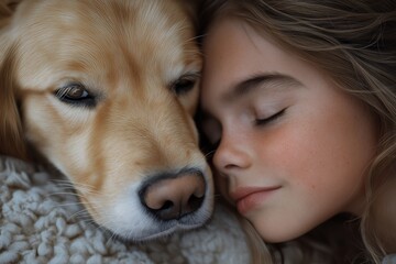 Golden Retriever and Girl. A Cozy Bond of Love and Affection in a Natural Light Portrait