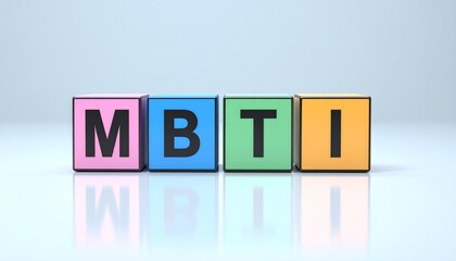 性格診断に使用するMBTIのアルファベット4文字が書かれたカラフルな木製のキューブブロック。aiで生成	