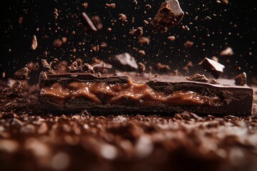 Indulgent Chocolate Bar Candy Explosion Close-Up. Sweet Dessert with Caramel Sprinkles and Crushed Cocoa - Professional Fine Food Photography
