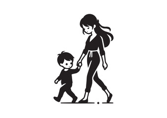 Fototapeta premium A mommy with a small boy, wear casual outfits, walking holding arms Silhouette Vector