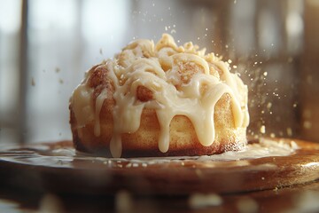 Freshly Baked Cinnamon Roll with Creamy Icing and Nuts. A Tempting Dessert and Delicacy