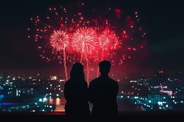 Romantic Night Sky Fireworks. Love and Celebration in the Urban Landscape