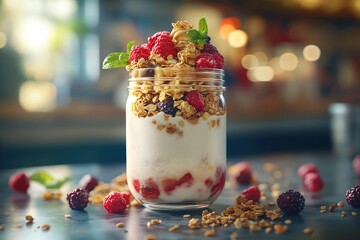 Refreshing Layered Yogurt Parfait with Granola, Raspberries, and Blueberries for a Healthy Snack or Dessert