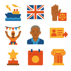 Windrush day icons a set of icons with a british flag depicting the windrush generation.