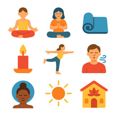 Yoga icons decorate a mat, lit candle, and practicing yogis. Perfect for wellness websites, yoga studios, meditation guides, and fitness articles.
