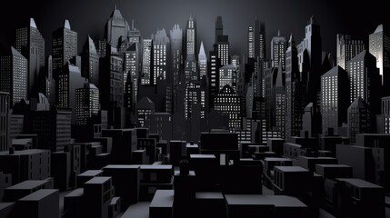 Black and White 3D Cityscape at Urban Skyline Silhouettes