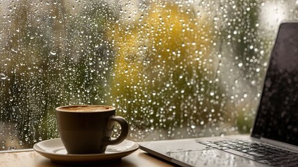Rainy day coffee break with laptop by window