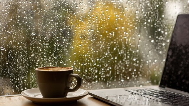 Rainy day coffee break with laptop by window - Powered by Adobe