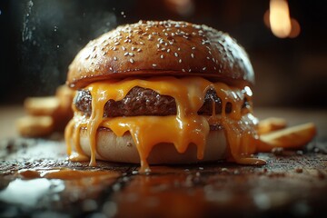 Appetizing Cheeseburger with Melting Cheese and Sesame Bun. Classic Fast Food Photography