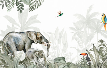 Aged Wildlife Wall Mural: Elephant, Birds in Retro Brown Tropical Forest © csinie1