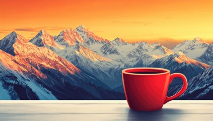 Red cup against mountain range at sunrise, peaceful scenic view, drink