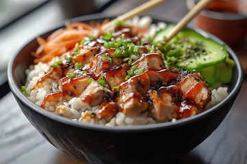 Delicious Asian Cuisine. Healthy Sushi Bowl with Fresh Vegetables and Chicken