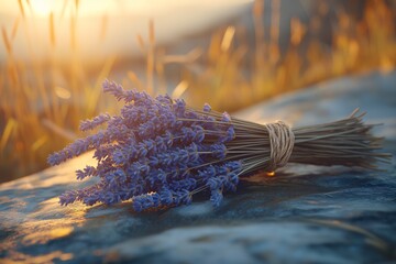 Serene Lavender Bouquet in Rural Countryside at Sunset. Vibrant Herbs & Floral Harmony in Tranquil Nature