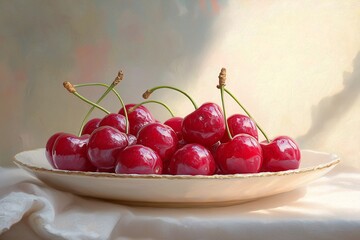 Juicy Red Cherries on a Decorative Plate. Fresh and Vibrant Summer Fruit Photography