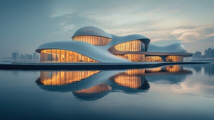 Modern, flowing building on water, lit windows