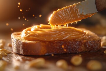 Creamy Peanut Butter Spread on Bread. A Wholesome Breakfast Delight - Close-Up Food Photography