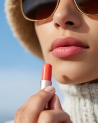 everyday cosmetic application Cosmetic product in use by a young woman A close-up of a woman applying lip balm, showcasing a stylish outdoor look with sunglasses and cozy attire.