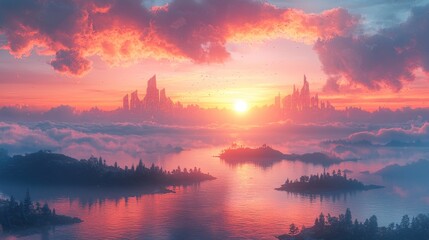 Sunrise over a futuristic city, nestled amongst clouds and islands