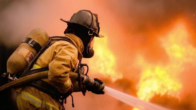 Intrepid firefighter battling fierce flames during emergency response in dramatic night scene