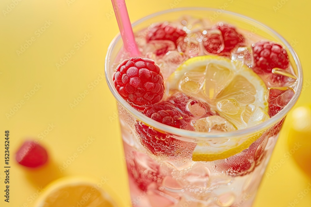Poster spring or summer refreshing cold cocktail or mocktail with berries and lemon, raspberry lemonade