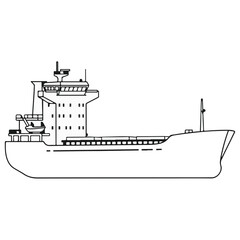 Fototapeta premium Line drawing of a cargo ship. The ship has a prominent bridge and cargo hold, seen from the side. Simple, clear illustration in black and white.