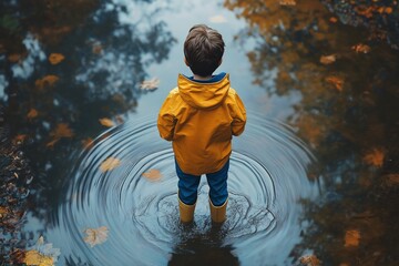 Playful Child in Yellow Raincoat Splashing Puddle Amidst Autumn Leaves - Vibrant Outdoor Adventure