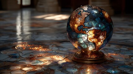 Decorative Globe on Marble Floor with Warm Light and Intricate Mosaic Design
