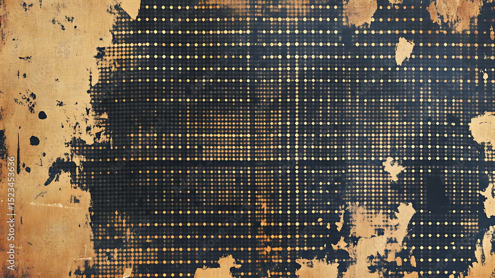 Aufkleber dark halftone grid pattern on distressed golden texture with abstract grunge overlay decorative grap