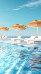 Sun-drenched poolside scene with lounge chairs and umbrellas.