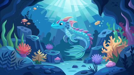 Adorable cartoon sea dragon underwater scene