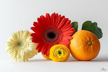 Colorful Still Life Red Gerbera Daisy, Yellow Ranunculus, Cream Gerbera, and an Orange Citrus Fruit Against a White Backdrop
