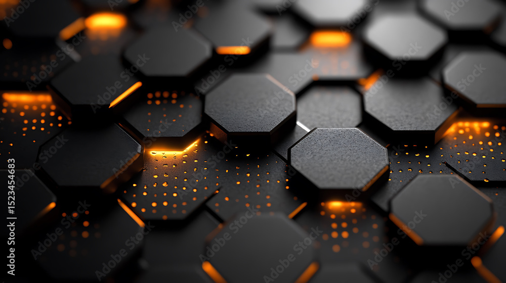Poster dark hexagonal pattern with glowing amber accents seamless texture for modern tech design presentati