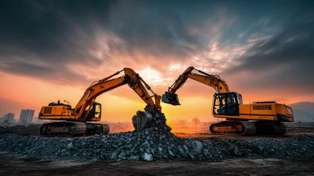 Heavy machinery at construction site during sunset with clouds and rocks in the foreground