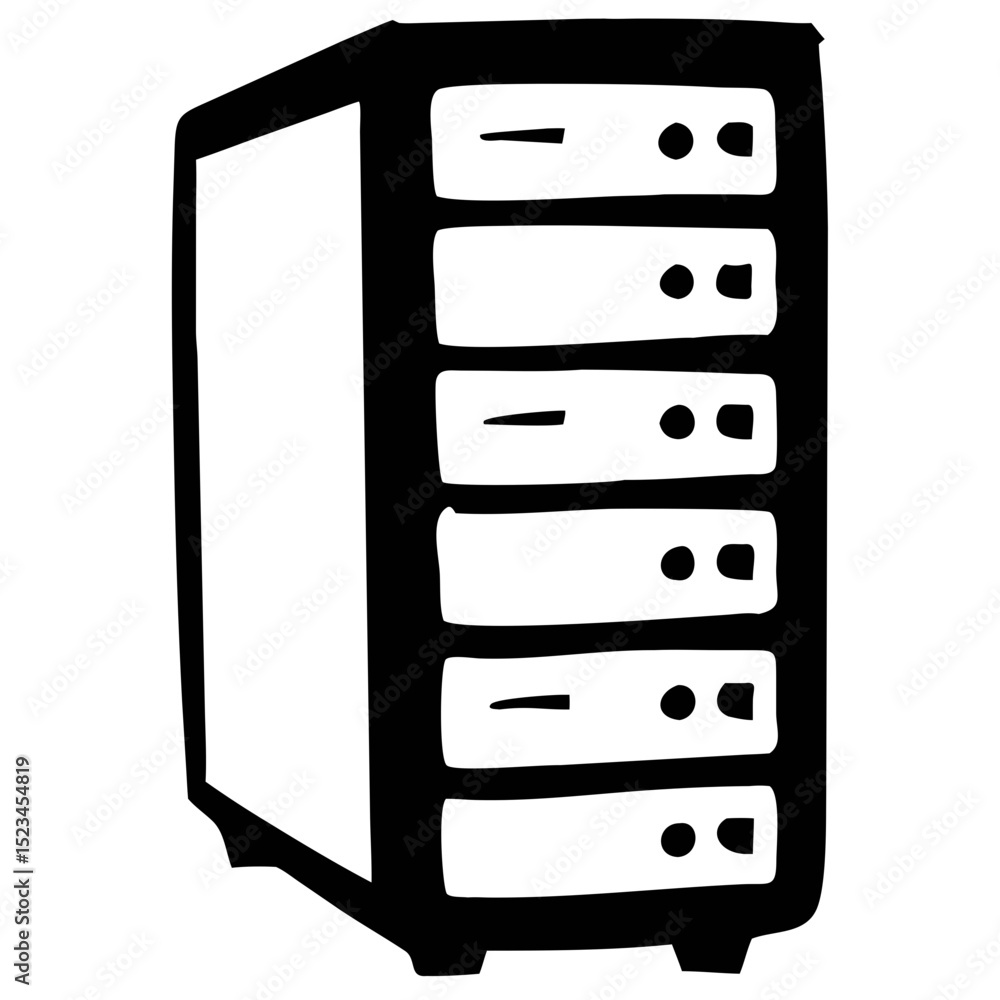 Poster simplified black server tower design showcasing multiple drive bays for data storage solutions