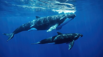 Fototapeta premium Two humpback whales gracefully swimming in deep blue ocean waters.