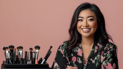 Smiling makeup artist with toolkit and brush, soft-colored backdrop