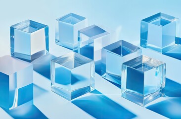 Obraz premium Transparent cubes on light blue background, casting strong shadows