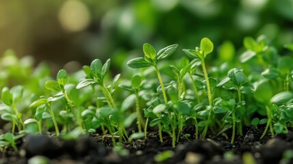 Emerging vitality: Close-up of tender seedlings breaking ground and reaching sunlight