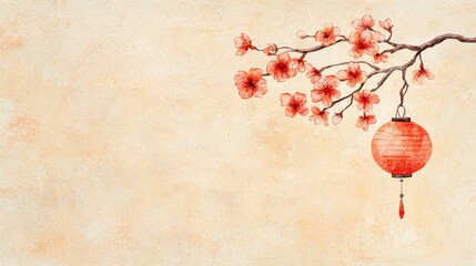 Cherry Blossoms and Lanterns: A delicate watercolor illustration of cherry blossoms and a traditional lantern against a textured background, depicting peace and harmony. 