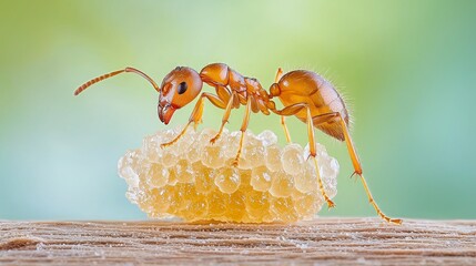 Industrious Ant with Eggs: A close-up shot reveals a single industrious ant diligently carrying a cluster of eggs on its back, showcasing its strength and dedication to its colony.
