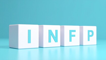 性格診断に使用するMBTIの一つのINFPのアルファベット4文字が書かれた木製のキューブブロック。aiで生成	