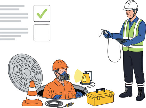 Permit to work process for confined space entry with safety officer inspecting gas levels and approving access for worker