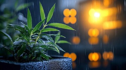 Plant Under Gentle Rain:A vibrant green plant thrives indoors under a gentle rain shower, soft city light casting a warm glow, and enhancing the peaceful mood.