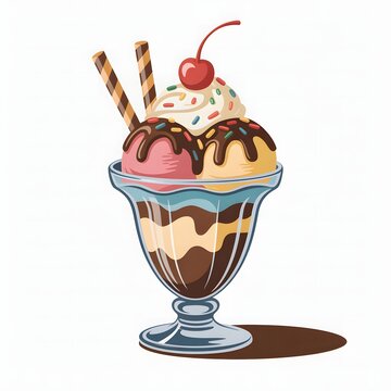 Stylized sundae dessert illustration with toppings and cherry in a glass dish.