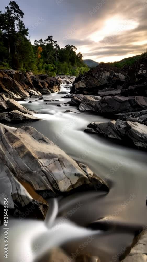 Poster tranquil river flows smoothly around dark rocks with green forest in background and cloudy sky in a 