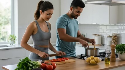 Young couple cooking together in a modern kitchen, preparing a meal with fresh ingredients - Powered by Adobe