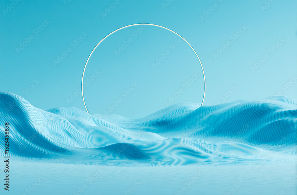 Poster abstract 3d blue wave background with empty circle, minimalist